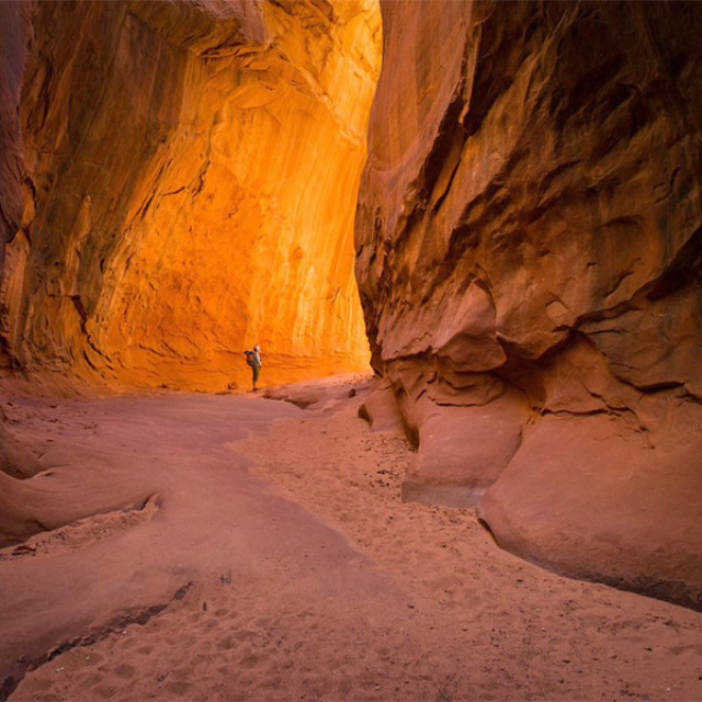 Visitor exploring Blue John Canyon in Utah